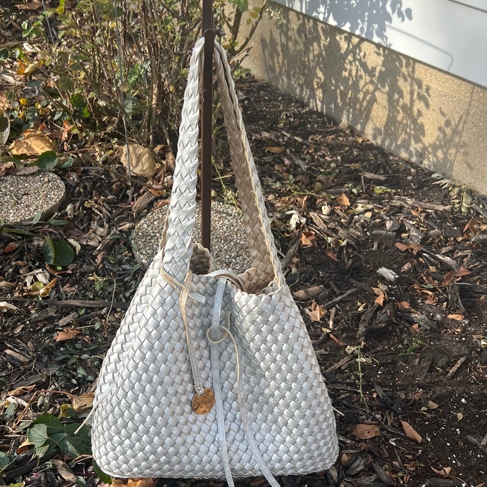 Woven Vegan Leather Tote Bag Silver/Gold Good  Condition